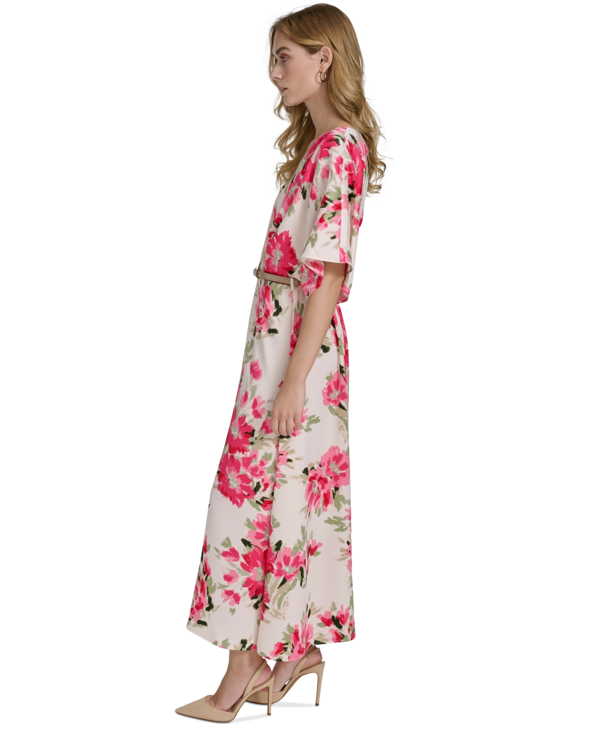 Halston Women's Satin Floral-Print Belted Dress