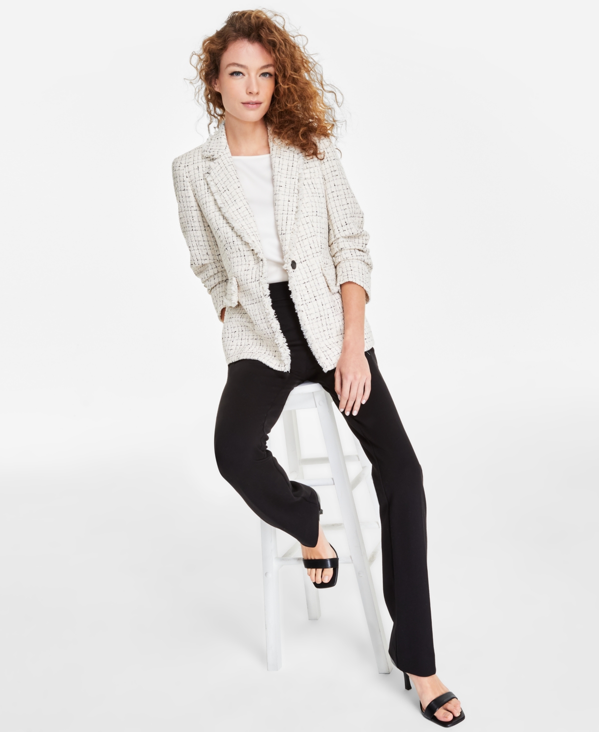 ANNE KLEIN WOMEN'S TWEED FRINGE SCRUNCH-SLEEVE BLAZER 