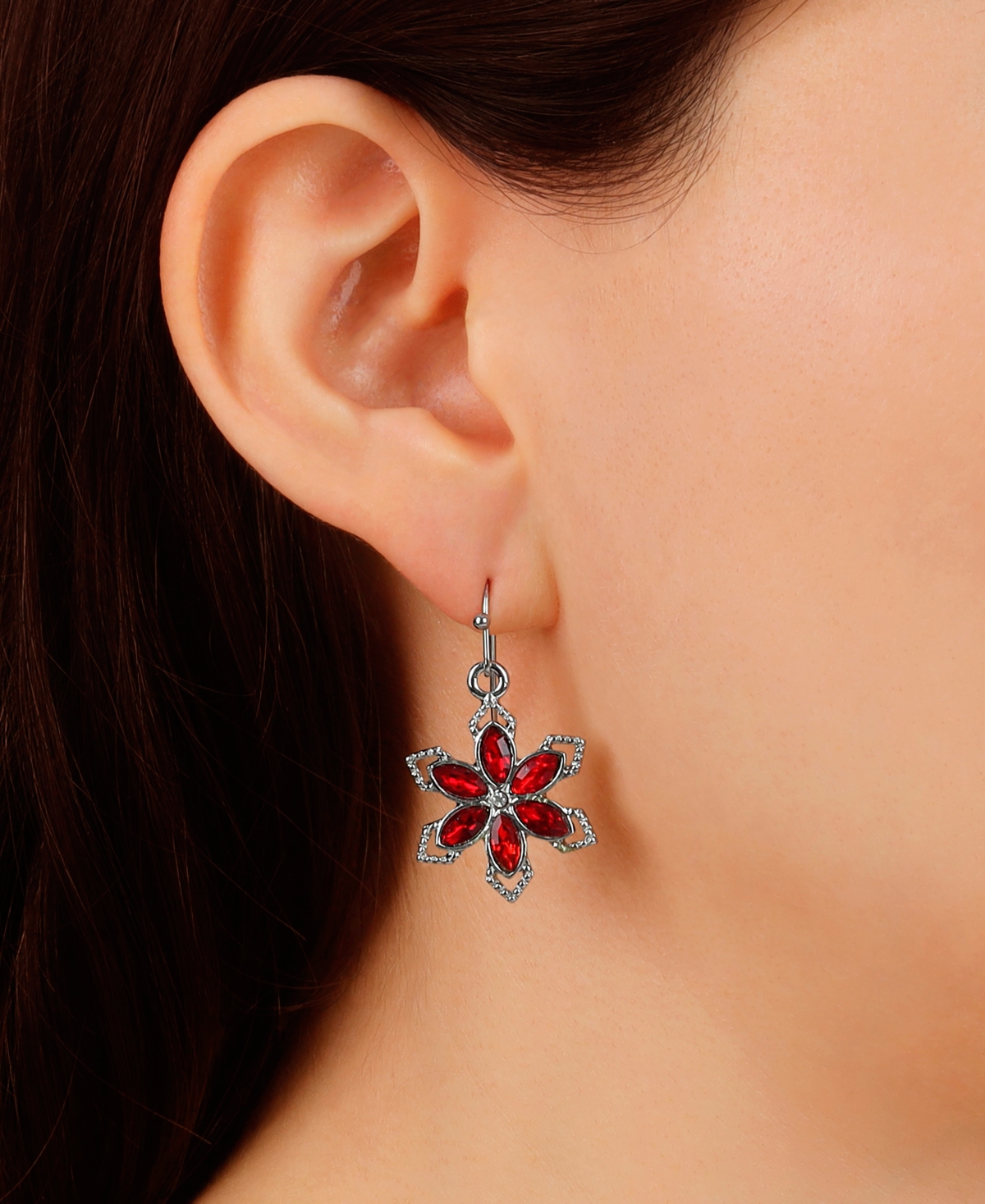 2028 Crystal Flower Drop Earrings In Red