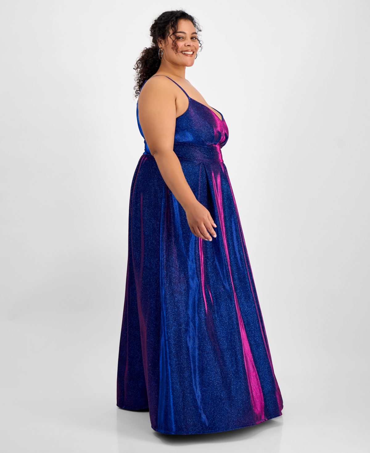 B Darlin Trendy Plus Size V-neck Sleeveless Glitter Ball Gown In Brightblue