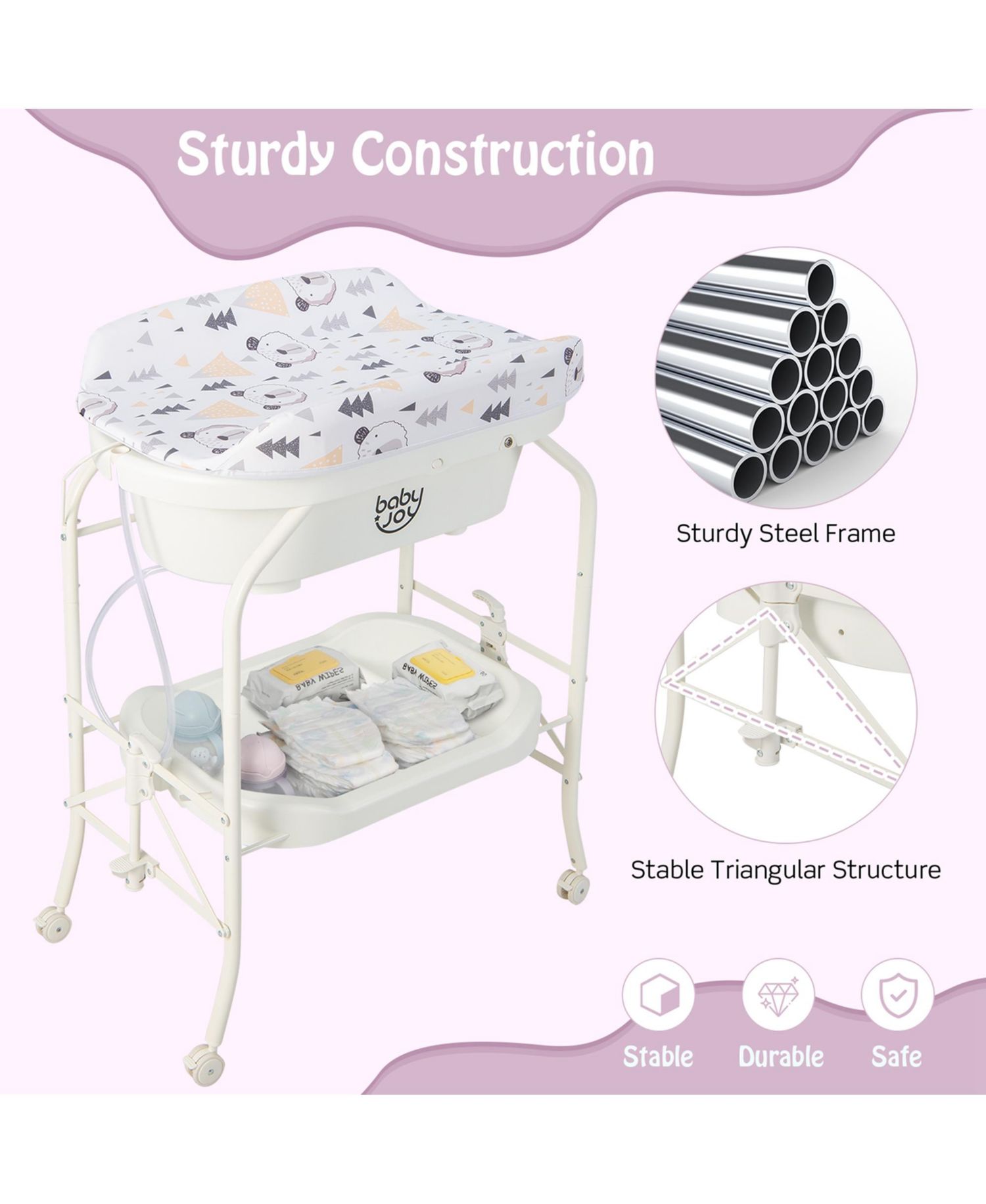 Baby Changing Table with Bathtub, Folding Diaper Station with Wheels
