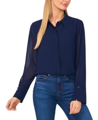 CeCe - Women's Scalloped-Trim Collared Long-Sleeve Blouse
