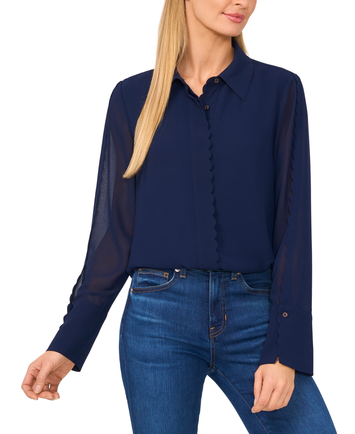 Cece Women's Scalloped-trim Collared Long-sleeve Blouse In Classic Navy