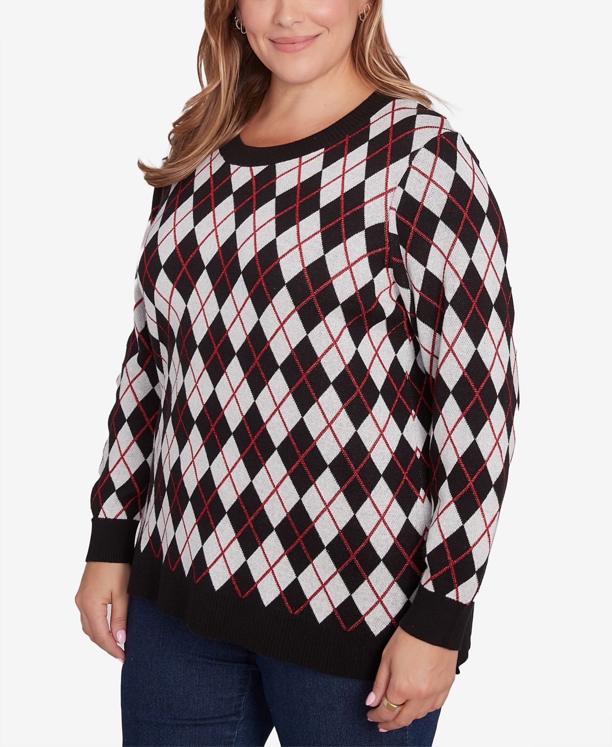 Hearts Of Palm Plus Size Red-y To Shine Argyle Sweater In Black Multi