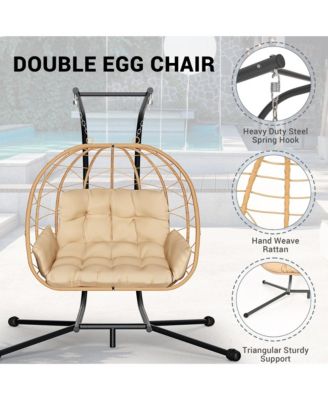 Outdoor 2-Person Hanging Wicker Double Egg Porch Swing Chair with Stand and Beige Cushion