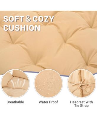 Outdoor 2-Person Hanging Wicker Double Egg Porch Swing Chair with Stand and Beige Cushion