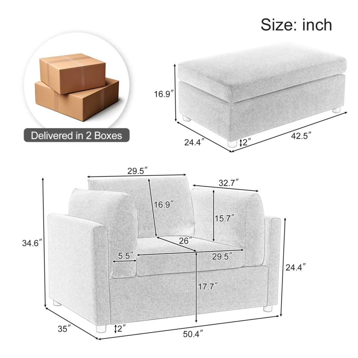 Streamdale Furniture Modern Oversized Armchair with Ottoman, Single Sofa with Lumbar Support, Accent Chair, Reading Chair for Bedroom, Living Room, Cr