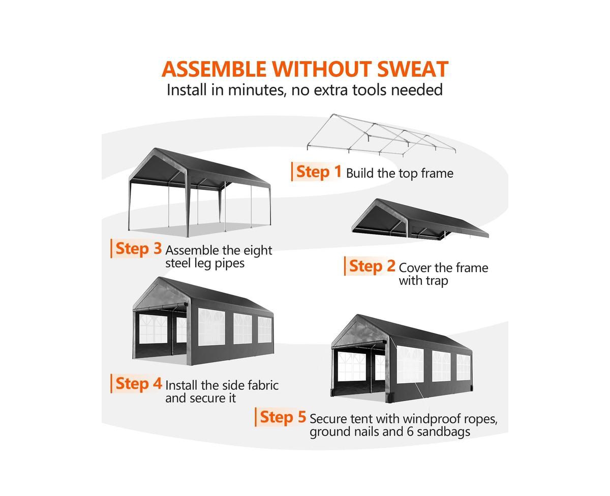 gaomon 12'x20' Larger Carport with 6 Roll-up Ventilation Windows, Quick and Easy Setup - Heavy Duty Portable Car Tent Garage for Car, Suv, Truck & Boa