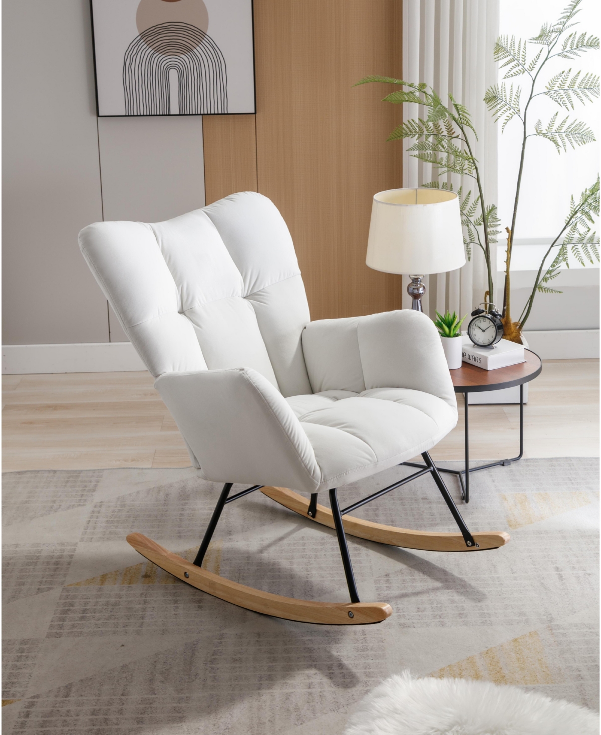 Streamdale Furniture Mid Century Modern Velvet Tufted Upholstered Rocking Chair Padded Seat for Living Room Bedroom,- White