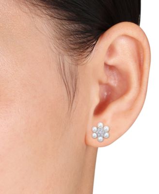 Cultured Freshwater Pearl (3-3-1/2mm) & Lab-Created White Sapphire (1/3 ct. t.w.) Flower Cluster Stud Earrings in Sterling Silver