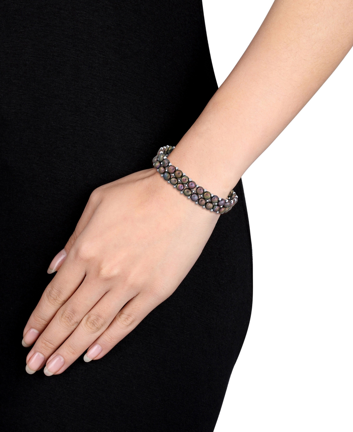 Macy's 3-pc. Set Black Cultured Freshwater Pearl (6-8mm) Beaded Double-row Strand Necklace, Stretch Bracele In Peacock Black