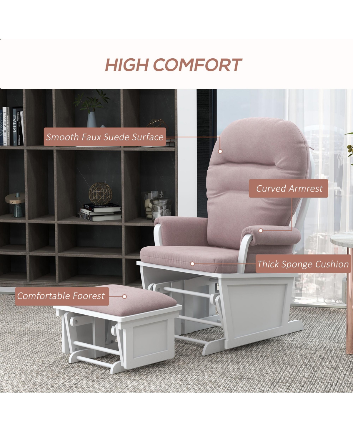 Streamdale Furniture Nursery Glider Rocking Chair with Ottoman, Thick Padded Cushion Seating and Wood Base,- Pink