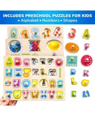 8XSET Wooden Puzzles for Toddlers 2-4 with Rack - Alphabet, Numbers
