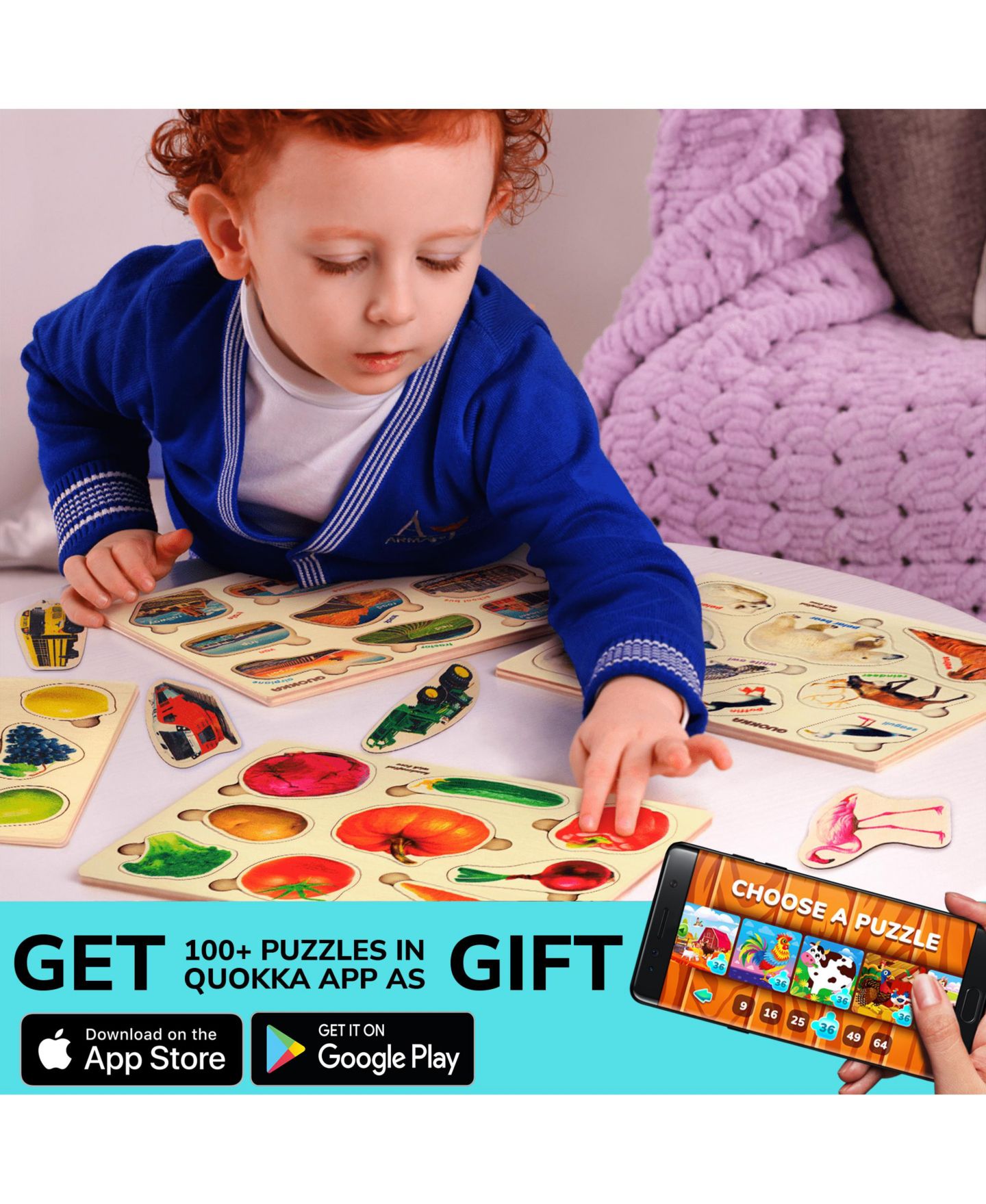 Детские игрушки Quokka Montessori Toy Wooden Puzzles, 3-Piece Set, Ages 1+, цвет: Fruits, Cars And Vegetables — фото 8