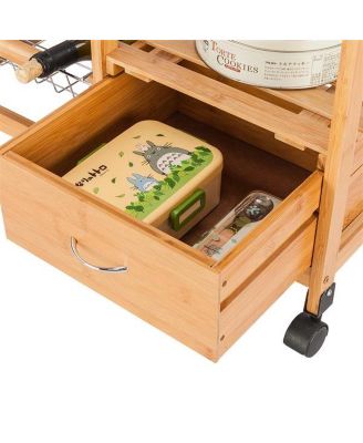 Moveable Kitchen Cart with Stainless Steel Table Top, Three Drawers, and Three Baskets in Burlywood for Versatile Storage and Convenience