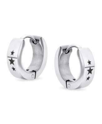 USA Stars Hoop Earrings Laser Etched Silver Tone Stainless Steel
