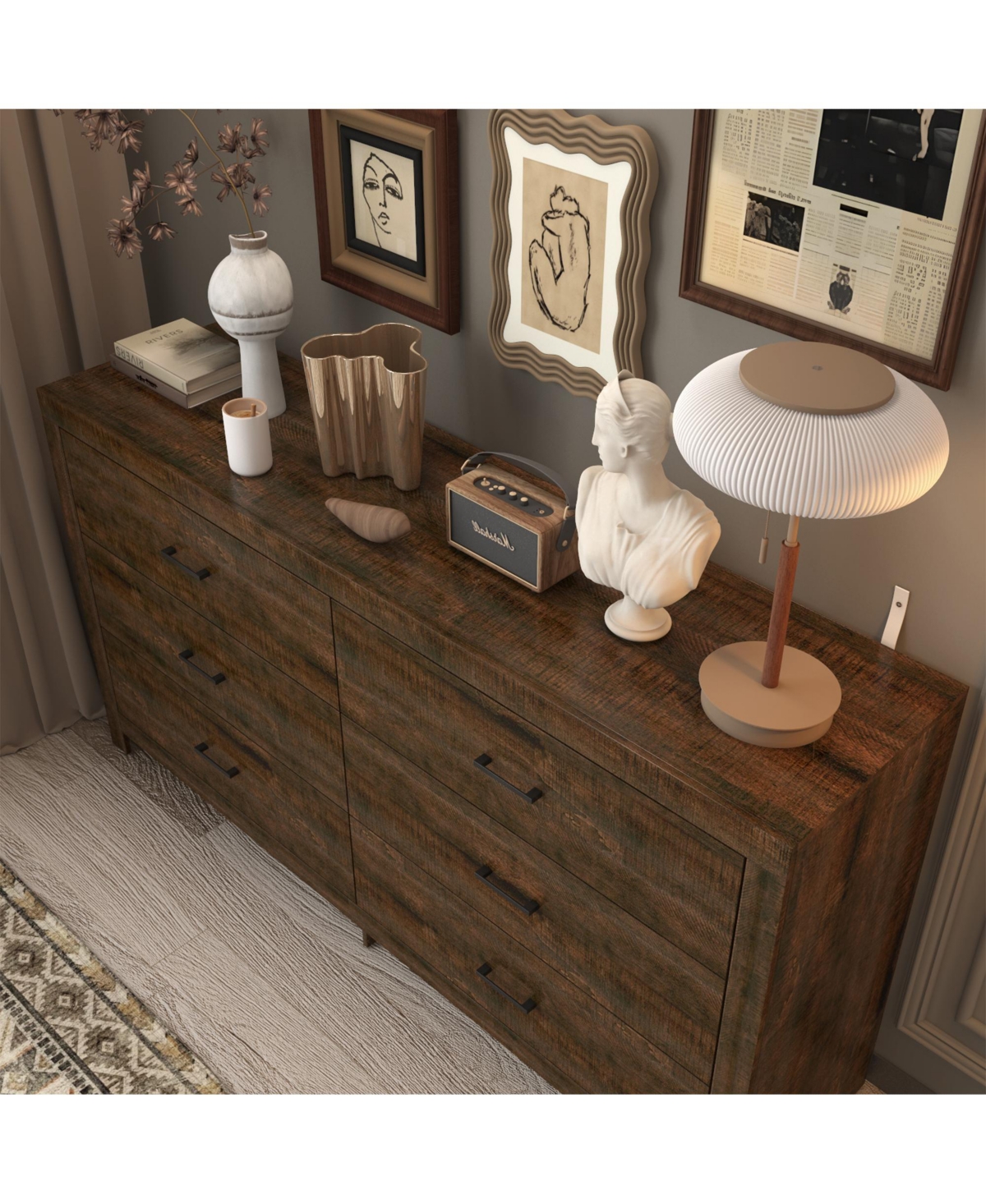 Homsee White Dresser with 9 Handleless Drawers & Led Light, Chest of Drawers with Charging Station