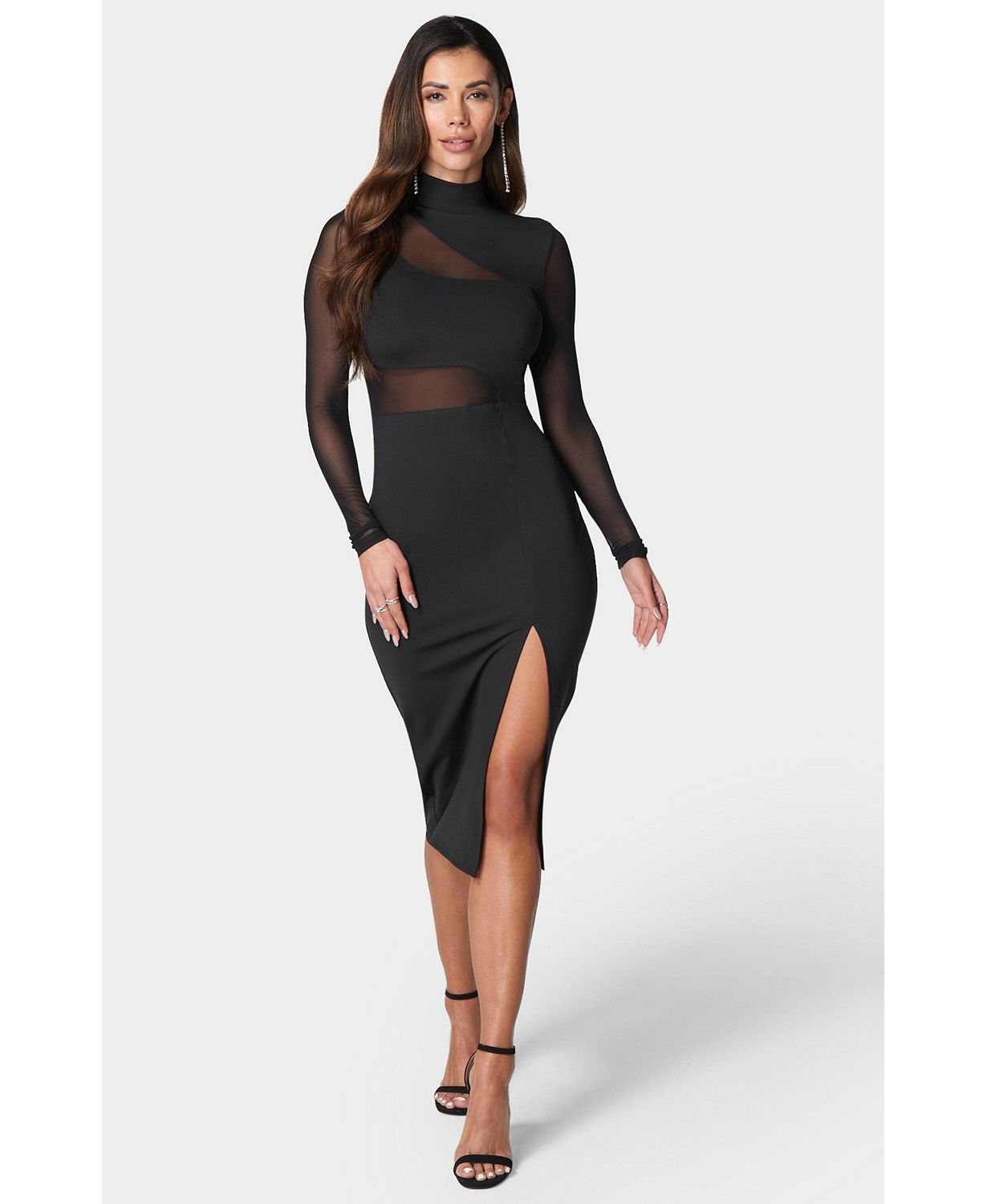 Women's Mesh Inset Long Sleeve Midi Dress
