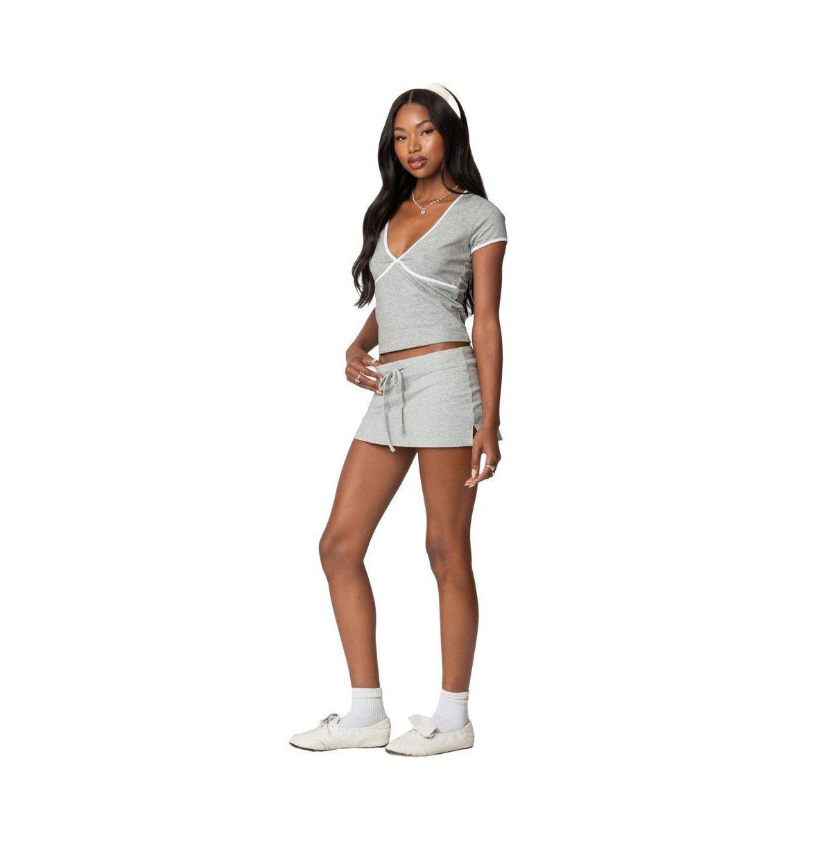 Edikted Women's Alicia Contrast V Neck Top - Gray-melange