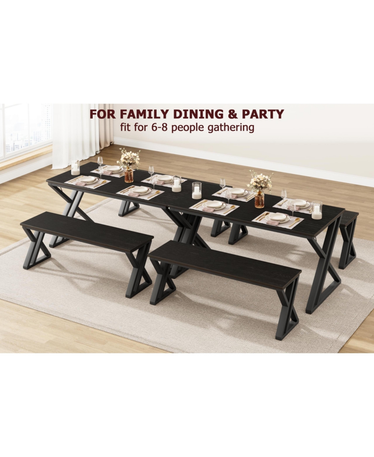 gaomon 45” Dining Table with Benches, Kitchen Table Set for 4-6, Rectangular Dining Room Table Set with Sturdy Metal Frame