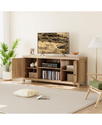TV Stand for 75 Inch TV, Rattan Entertainment Center with Storage, Wood TV & Media Console