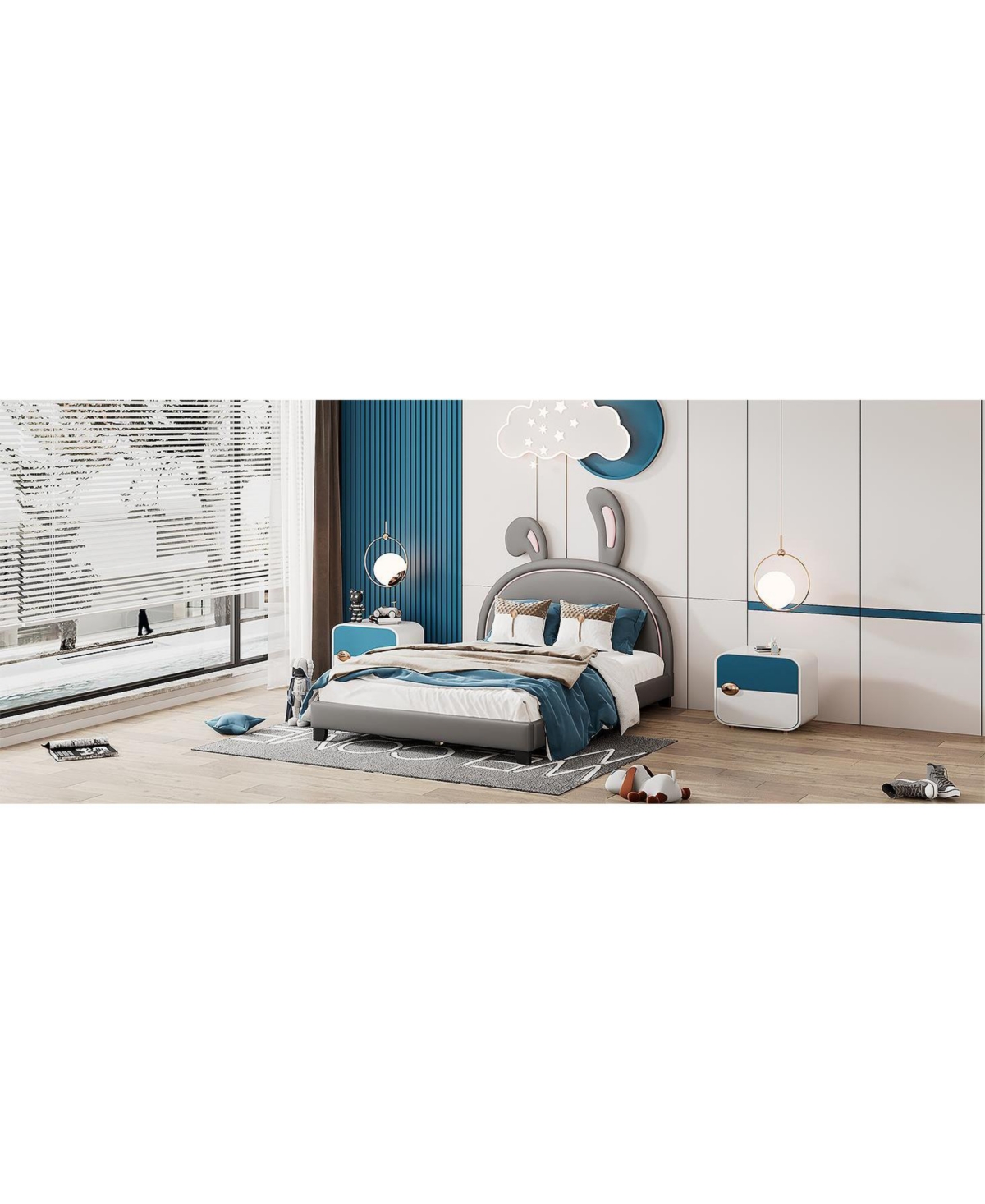 Slickblue Upholstered Leather Platform Bed with Rabbit Ornament for Stylish and Whimsical Bedroom Decor