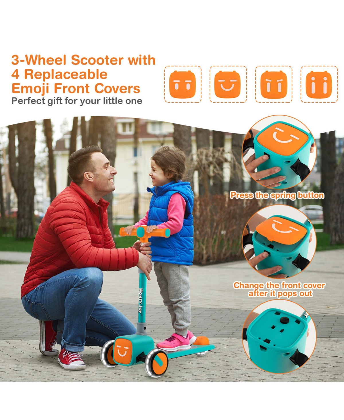 Hongge Folding Adjustable Kids Toy Scooter with Led Flashing Wheels Horn 4 Emoji Covers