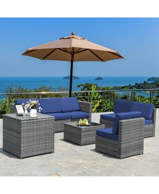 8 Piece Wicker Sofa Rattan Dinning Set Patio Furniture with Storage Table-Navy