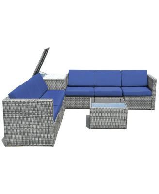 8 Piece Wicker Sofa Rattan Dinning Set Patio Furniture with Storage Table-Navy