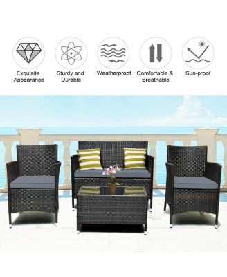 4 Pieces Comfortable Outdoor Rattan Sofa Set with Glass Coffee Table-Gray