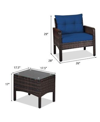 3 Pieces Outdoor Patio Rattan Conversation Set with Seat Cushions-Navy