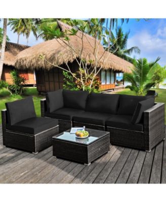 5 Pieces Cushioned Patio Rattan Furniture Set with Glass Table-Black