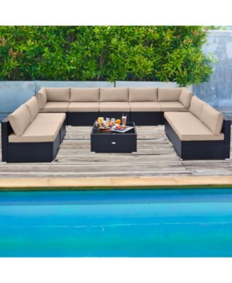10 Piece Outdoor Wicker Conversation Set with Seat and Back Cushions-Beige