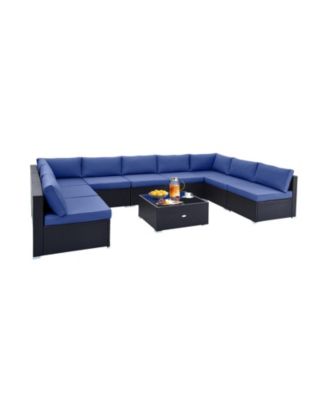 10 Piece Outdoor Wicker Conversation Set with Seat and Back Cushions-Navy