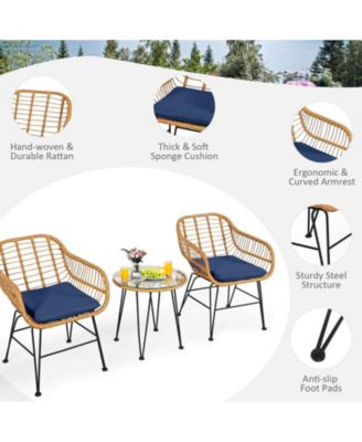 3 Pieces Rattan Furniture Set with Cushioned Chair Table-Navy