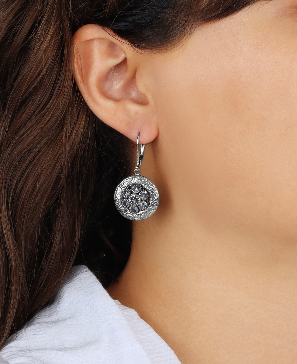 2028 Silver-tone Crystal Round Drop Earrings In Black