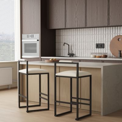 Set of 2 Barstools Faux Leather Upholstered Bar Stools Modern Metal Frame Dining Chairs for Counter, Kitchen Island (Beige