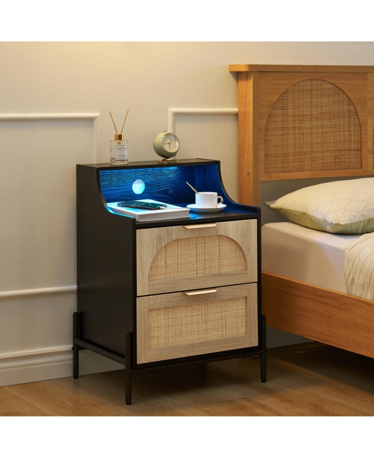gaomon Rattan Nightstand with Charging Station and Led Lights, Bedside Table with 2 Storage Rattan Drawer, Storage End Table,- Black
