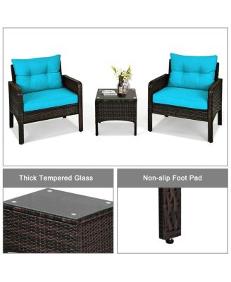 3 Pcs Outdoor Patio Rattan Conversation Set with Seat Cushions-Turquoise