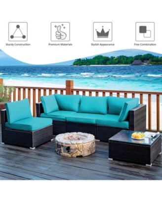 5 Pieces Cushioned Patio Rattan Furniture Set with Glass Table-Turquoise