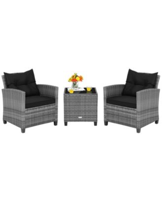 3 Pieces Outdoor Wicker Conversation Set with Tempered Glass Tabletop-Black