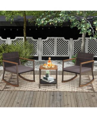3 Pieces Rattan Rocking Bistro Set with Coffee Table and Cushions-Gray