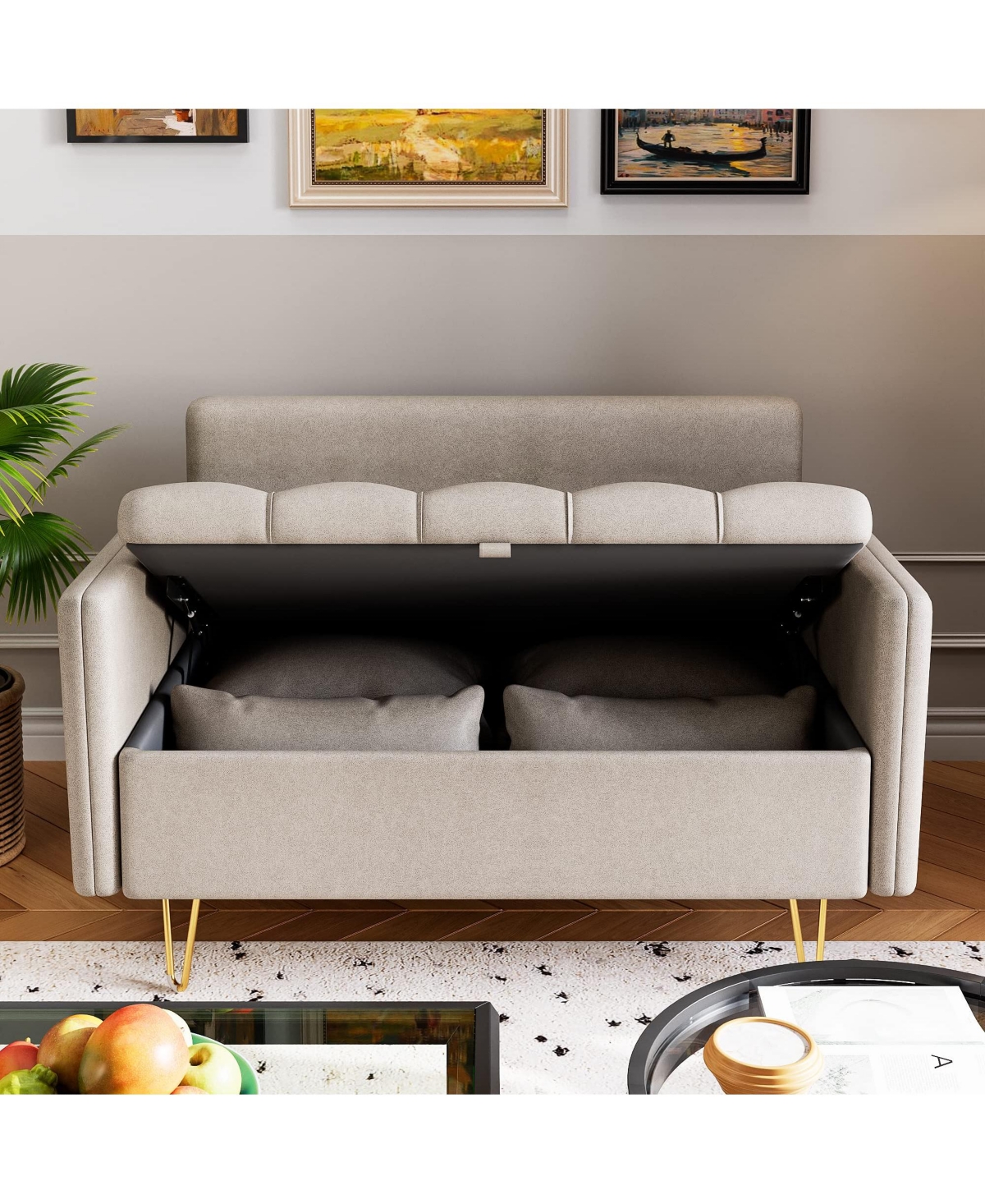 gaomon 44.5 Inch Small Modern Sofa Couch with Storage Under Seat Cushion, Comfy Leather Fabric 2-Seat Sofa with 4 Pillows