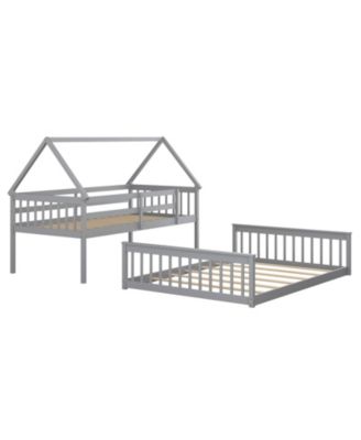 Twin Over Full House Bunk Bed with Ladder and Guardrails-Gray