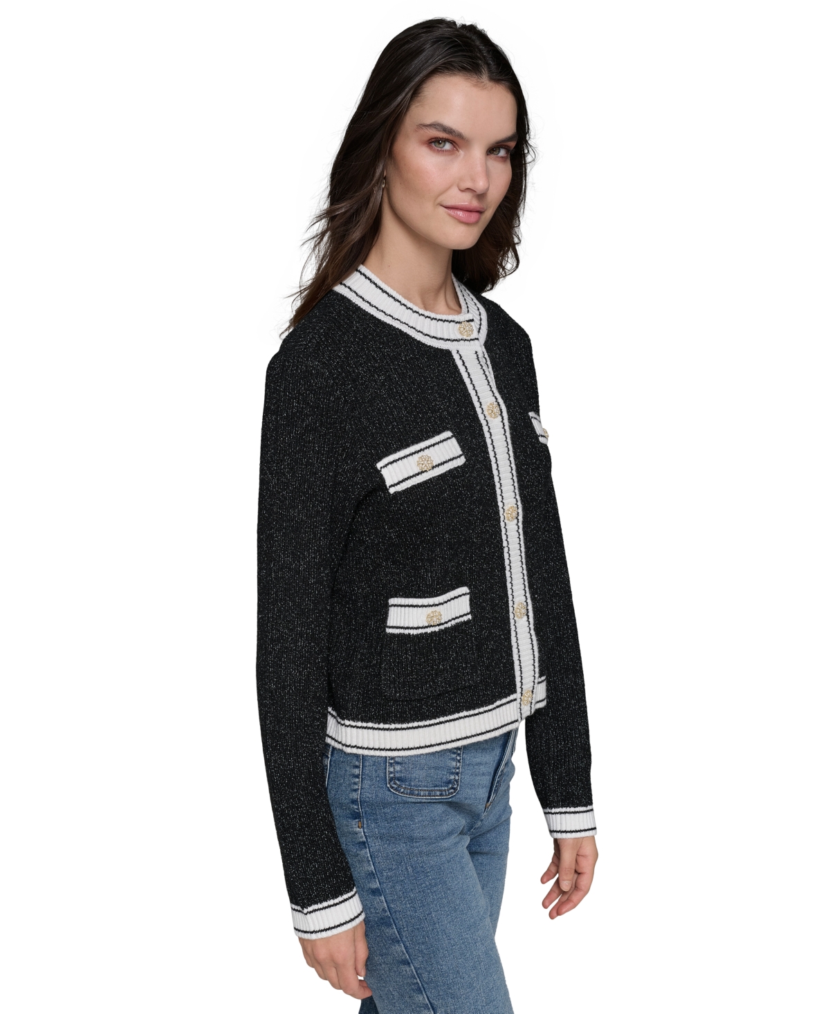Karl Lagerfeld Paris Women's 4-Pocket Embellished Cardigan -Soft White