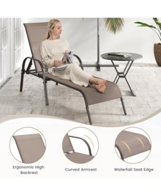 2 Pcs Outdoor Patio Lounge Chair Chaise Fabric with Adjustable Reclining Armrest-Brown
