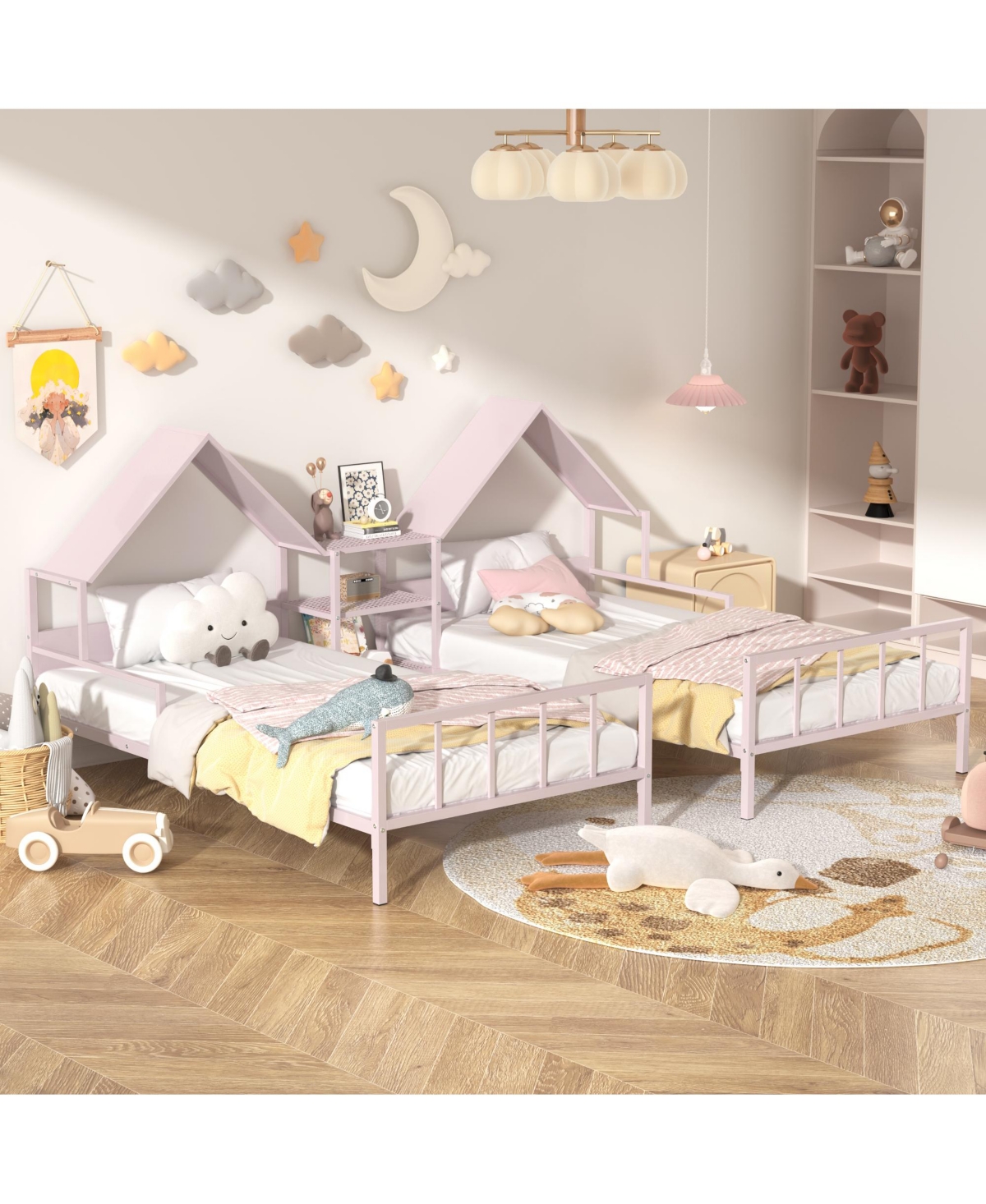Slickblue Double Twin Size Platform Bed with House-Shaped Headboard & Built-In Nightstand Stylish & Functional