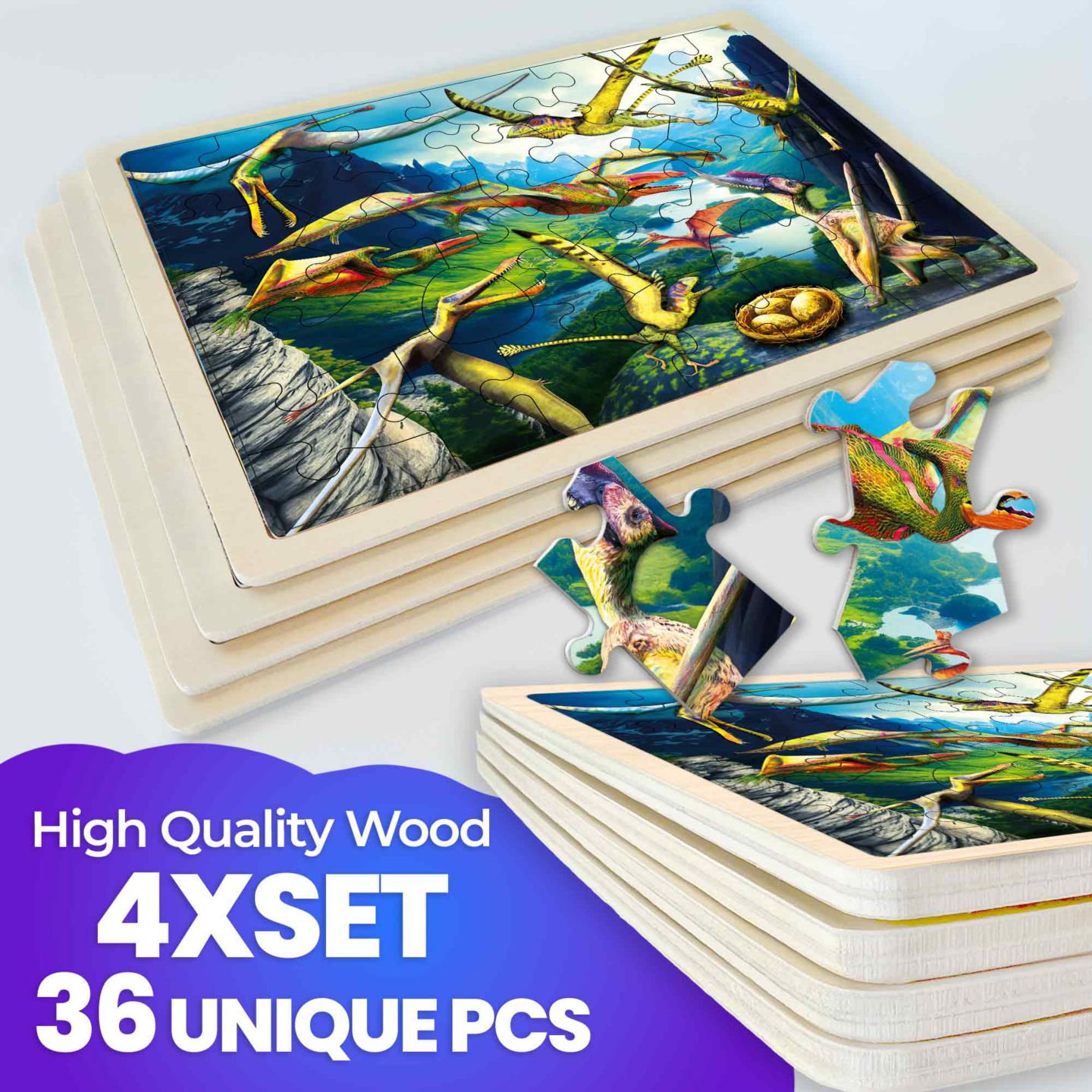 Детские игрушки Quokka Wooden Animal 36-Piece Puzzles, 4-Puzzle Set, Ages 4+, цвет: Dino — фото 4