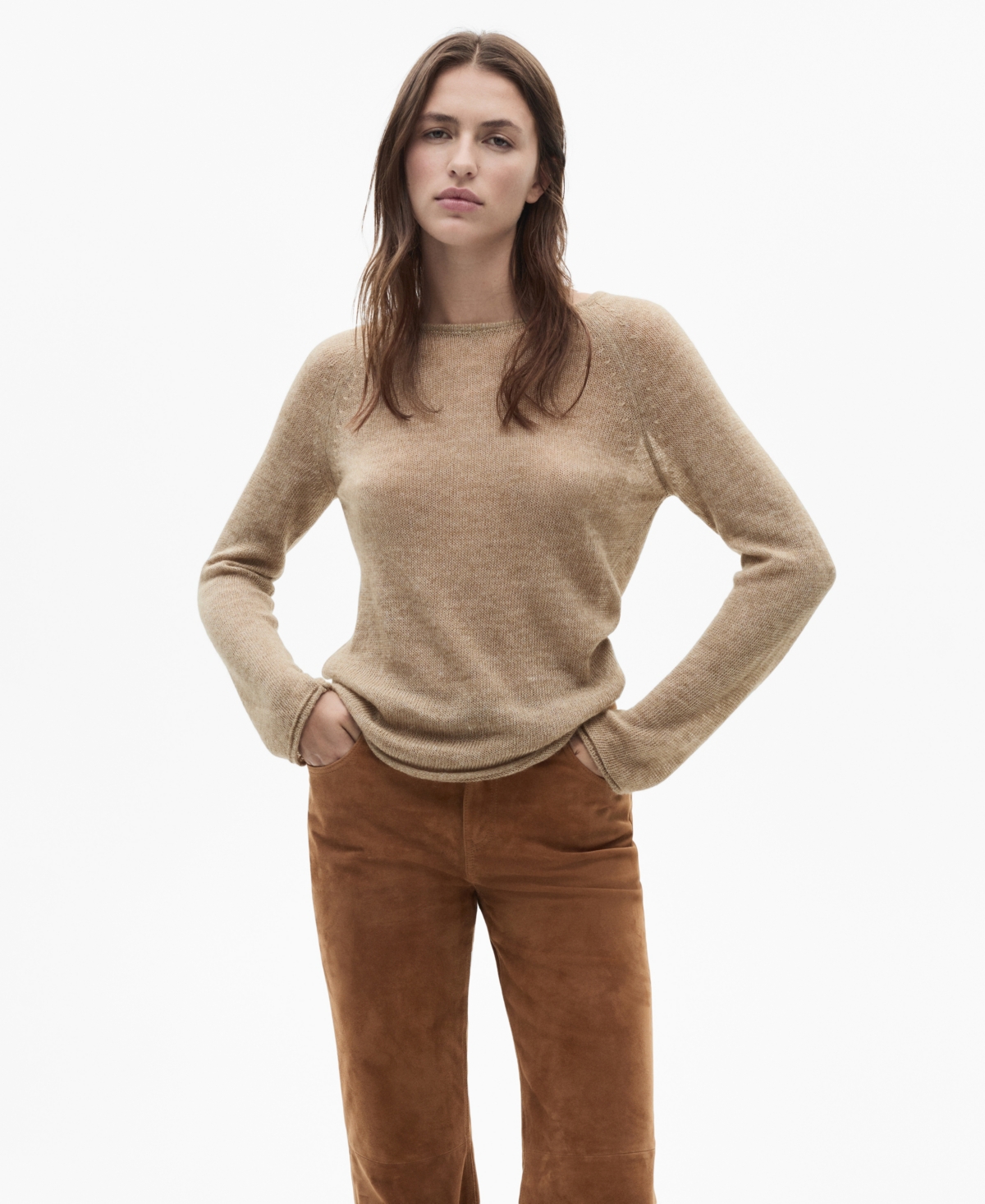 Mango Women's Round-Neck Knitted Sweater -Beige