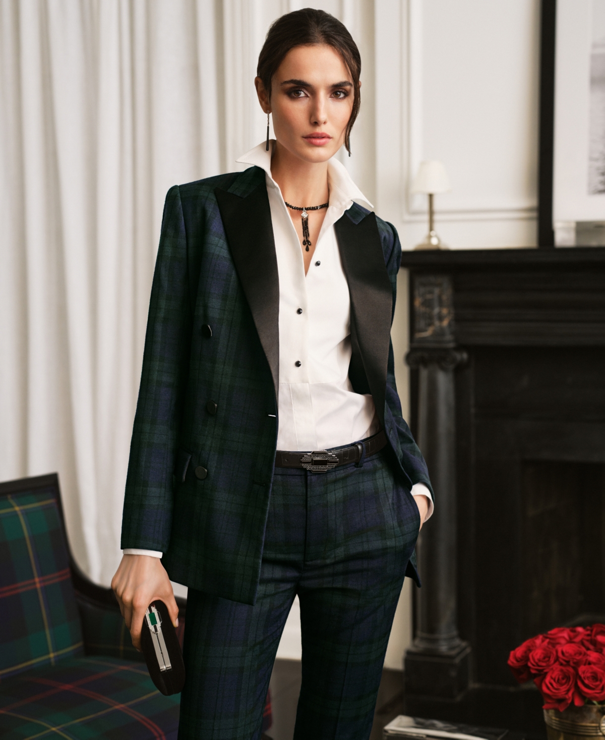 Lauren Ralph Lauren Women's Plaid Satin-Stripe Twill Cropped Pants, Regular & Petite -Navy/Black